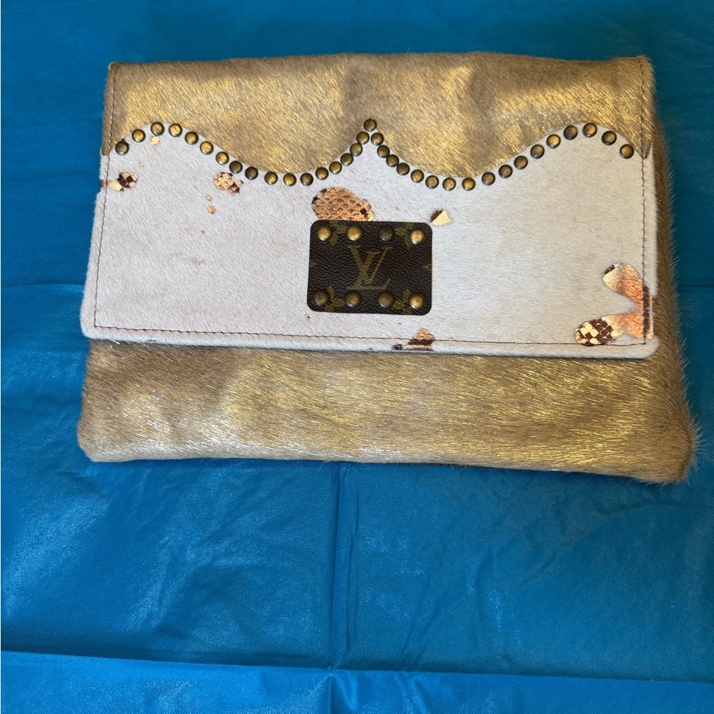 Gold and White Leather Crossbody with Stud LV Detail